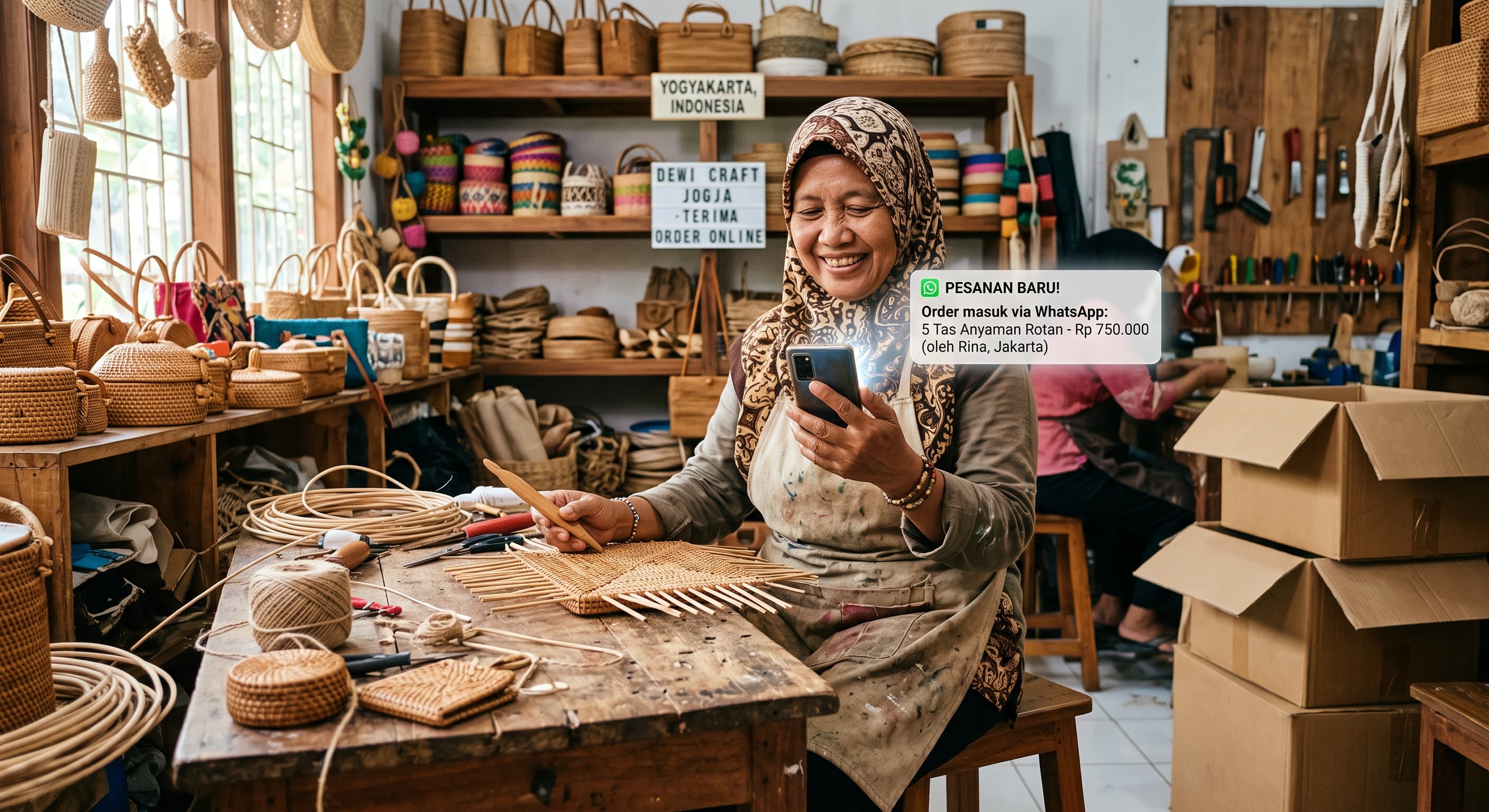 Pengrajin UMKM Indonesia memperlihatkan produk kerajinannya